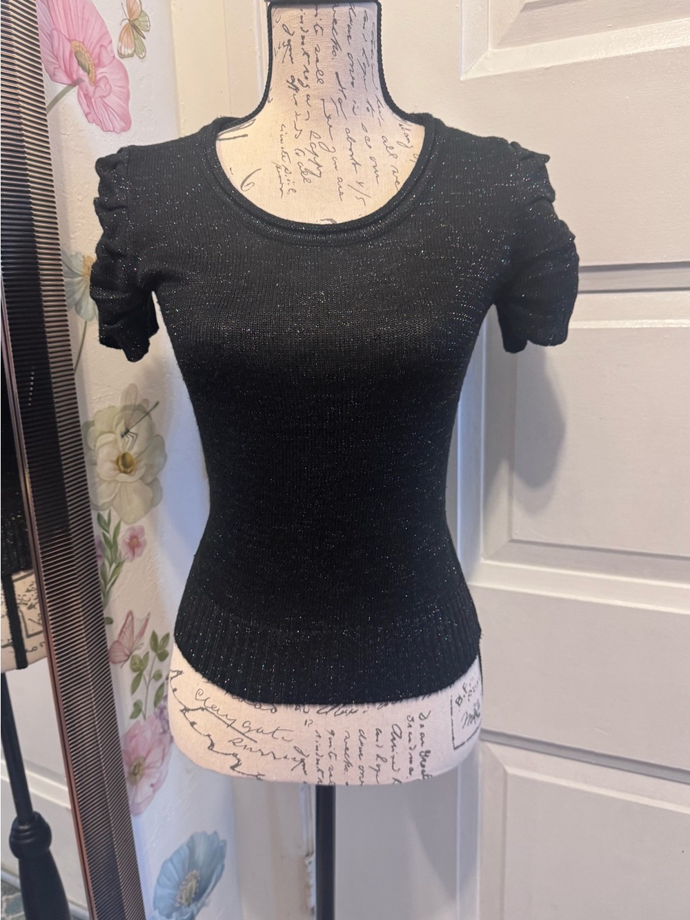 Black Short-Sleeve Sparkle Knit Top
